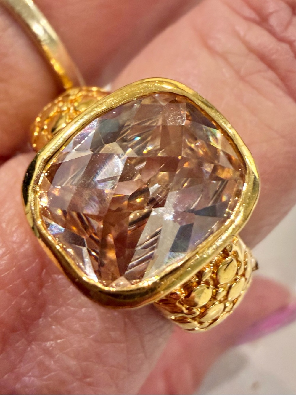 Vintage Gold Plated Renaissance Cushion Cut Statement Cocktail Ring Gold SZ 8.75